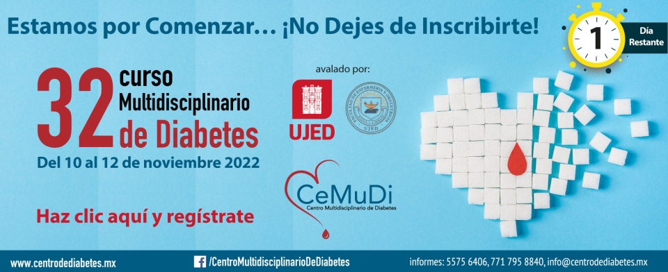 Estamos por comenzar, ¡No dejes de inscríbirte! al mejor Curso Multidisciplinario de Diabetes Online, ¡Único programa Mundial de Diabetes en México!Del 10 al 12 de noviembre 2022, con profesores nacionales e internacionales expertos en sus campos clínicos.https://bit.ly/ProgramaCMD2022Aval: UJED y CeMuDi S.C.WhatsApp: https://bit.ly/WhatsAppCMD2022info@centrodediabetes.mx