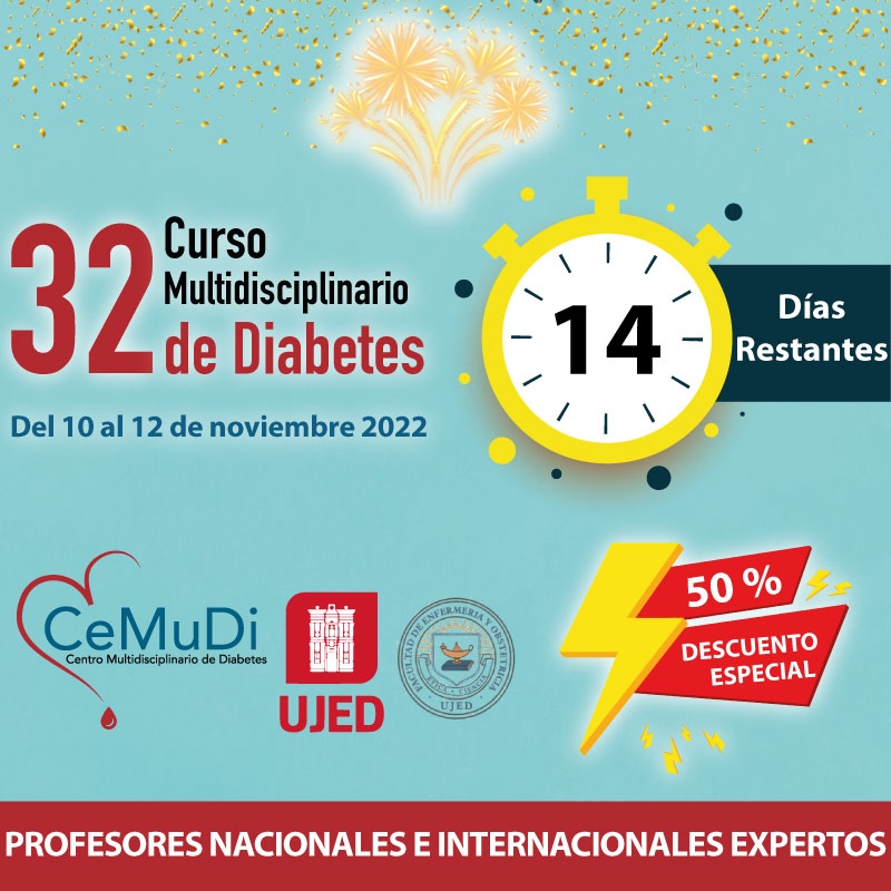 Solo faltan 14 días para celebrarse el mejor Curso Multidisciplinario de Diabetes Online, ¡Único programa Mundial de Diabetes en México!Del 10 al 12 de noviembre 2022, con profesores nacionales e internacionales expertos en sus campos clínicos.Convocatoria: https://bit.ly/ProgramaCMD2022Aval: Universidad Juárez del Estado de Durango y CeMuDi S.C.WhatsApp: https://bit.ly/WhatsAppCMD2022