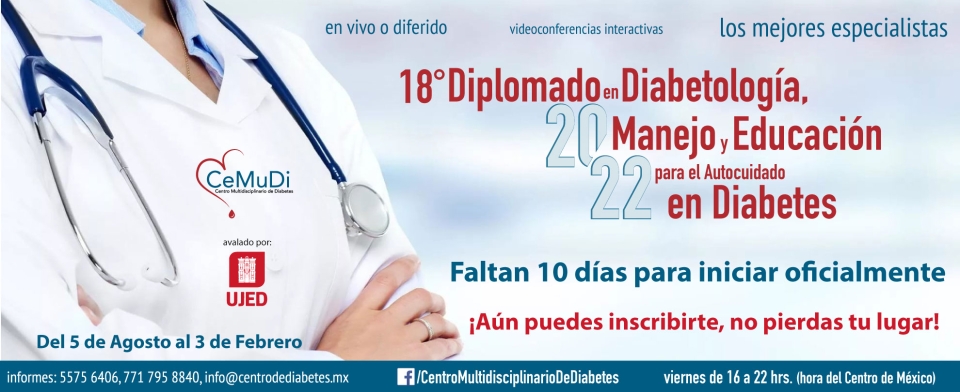 Faltan 10 días para iniciar oficialmente el 18° Diplomado en Diabetología, Manejo y Educación en Diabetes 2022¡Aún puedes inscribirte, no pierdas tu lugar!Convocatoria: https://www.centrodediabetes.mx/oferta-educativa/diplomado-en-diabetologia.htmlAval: Universidad Juárez del Estado de Durango y CeMuDi S.C.WhatsApp: https://bit.ly/WhatDipDiabetologiainfo@centrodediabetes.mx